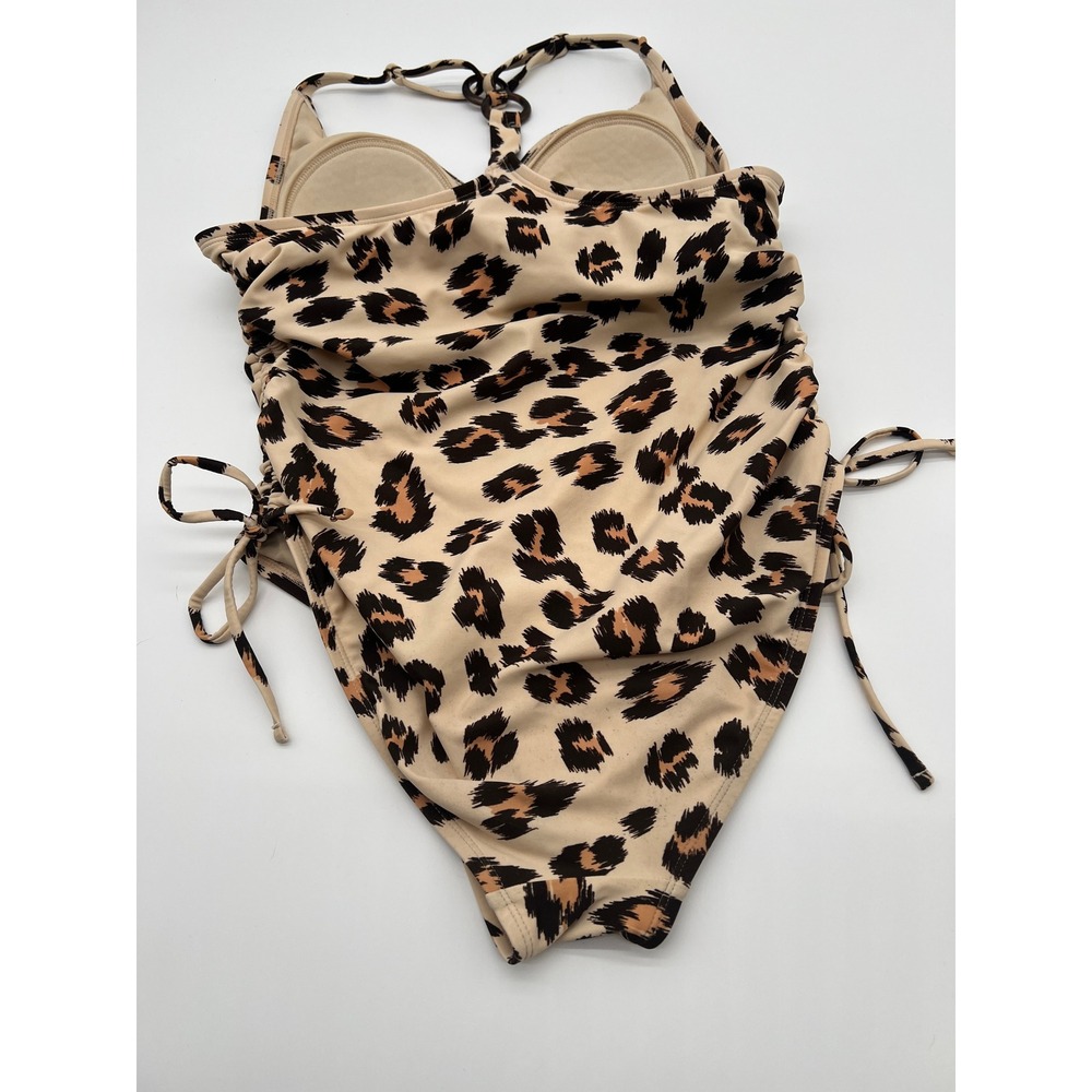Kona Sol Womens Leopard Print Ruched One Piece Swimsuit Neutral Tan Black Medium - Picture 3 of 7